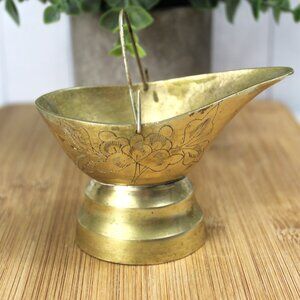 Vintage Brass Miniature COAL SCUTTLE Ash Bucket Engraved Incense Burner Ashtray